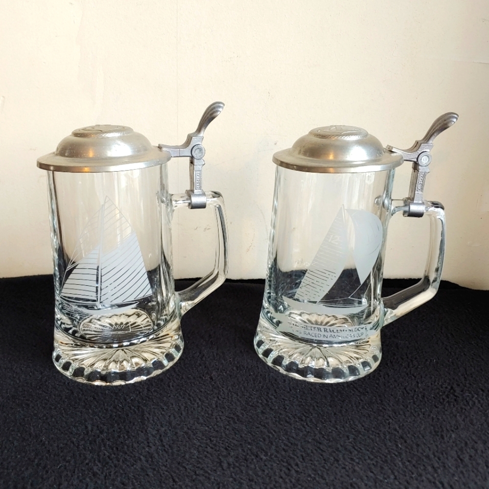 2 Vtg Stein Sailboat Pewter Glasses Pilsner W Germany Etchin Nautical Old Spice